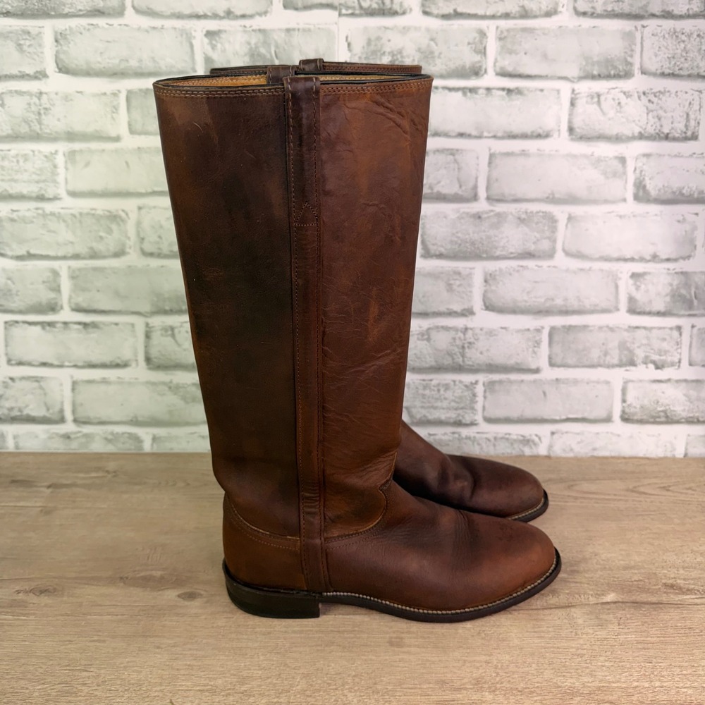Justin Riding Tall Western Cowgirl Boots Solid Brown Womens 8 B - Picture 2 of 8